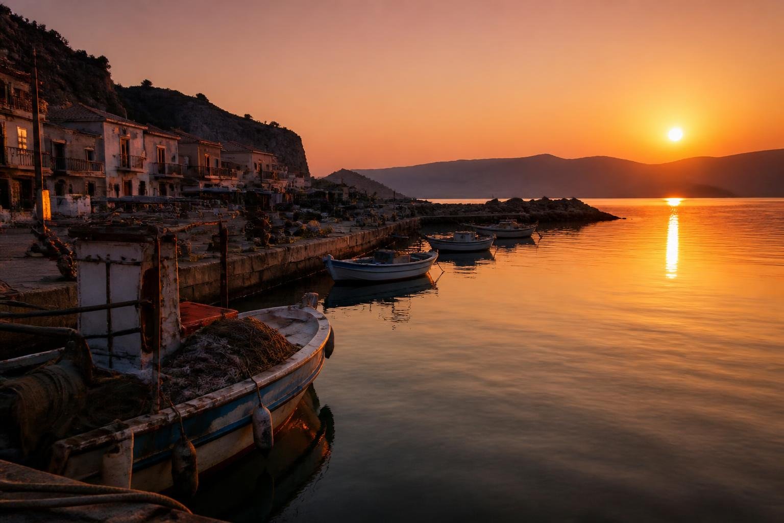 Port méditerranéen au coucher du soleil avec bateaux de pêche