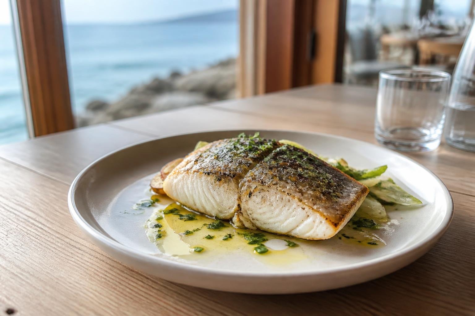 Poisson présenté simplement dans un restaurant côtier