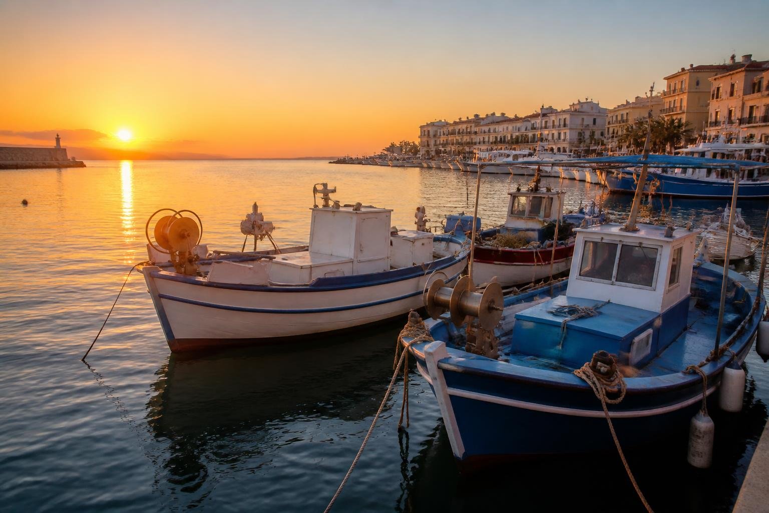 Bateaux de pêche amarrés dans un port méditerranéen à l'aube
