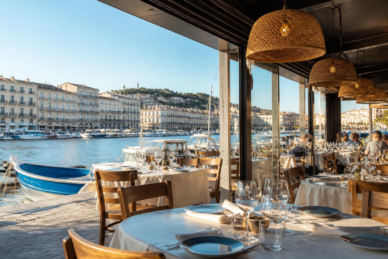 Vue du port de Sète avec restaurant traditionnel face aux quais